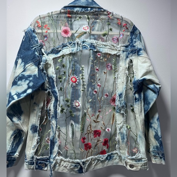 Y2K Canyon River Blues Embroidered Sheer-Panel Tie-Dye Denim Jacket oversized - Picture 3 of 16